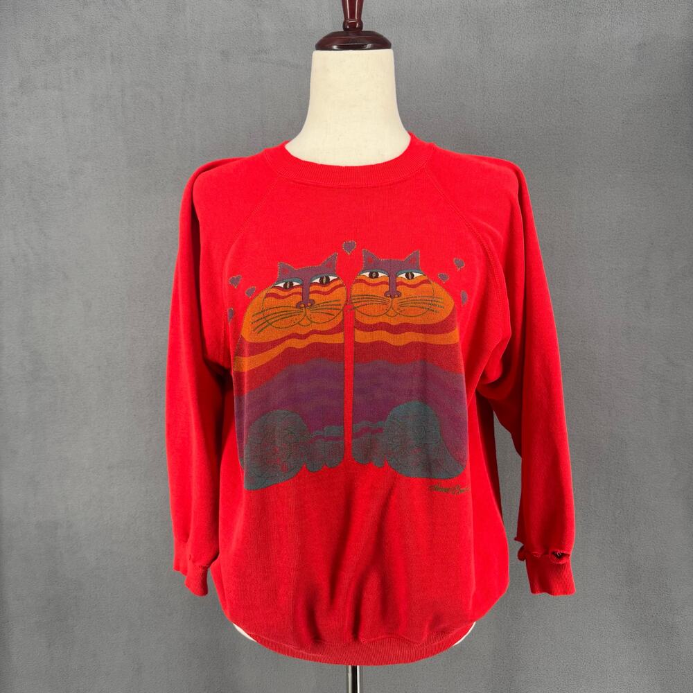 Vintage 80s 90s Laurel Burch Twin Cats Art Crewneck Sweatshirt Red L (S/M) Retro